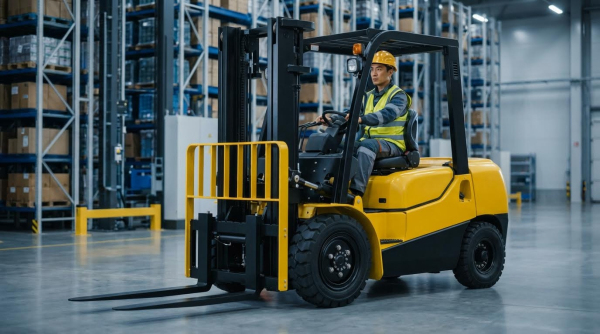 A worker wearing a yellow hard hat, yellow-green high-visibility safety vest, and gray work clothes operates a yellow forklift with a black mast and overhead guard in a large warehouse. The forklift is shown from the side as it moves across the polished gray concrete floor. Yellow safety barriers are visible on the left side, and tall blue metal pallet racking stocked with boxes and inventory extends in the background. The modern industrial facility features high ceilings and bright, even lighting throughout the spacious floor area.