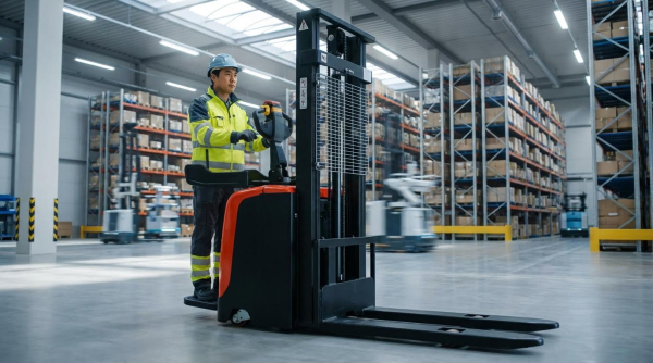 A worker wearing a white hard hat and yellow-green high-visibility safety jacket with reflective stripes operates a red and black electric walkie stacker. He stands on the operator platform at the rear of the machine, gripping the controls to guide it across the polished gray concrete floor. The setting is a modern warehouse with tall metal pallet racking featuring orange beams stocked with boxes and inventory. Yellow safety barriers, additional material handling equipment, and forklifts are visible in the background. The facility has high ceilings with bright overhead lighting.