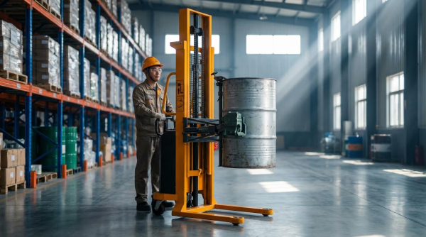 A worker wearing an orange hard hat and tan coveralls operates a yellow automatic lifting drum stacker and rotator. The machine grips a silver metal drum with its clamp attachment. The worker stands beside the equipment, guiding it across the polished gray concrete floor of a large warehouse. Tall blue metal pallet racking filled with shrink-wrapped pallets, colorful barrels, and various inventory lines the left side. Natural light streams through large windows on the right, casting bright rays into the spacious industrial facility with high ceilings.