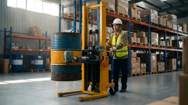 A worker wearing a white hard hat, yellow-green high-visibility safety vest, and dark pants operates a yellow barrel lifter with a company logo. The machine grips a weathered blue industrial drum using its clamping mechanism. The worker guides the equipment across the concrete floor of a warehouse. Tall blue metal pallet racking filled with cardboard boxes and various inventory rises in the background, along with additional drums and storage items on the left. The industrial facility has high ceilings with metal roofing structure and ample lighting throughout the work area.