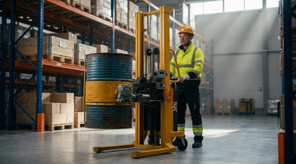 A worker wearing a white hard hat, safety glasses, yellow-green high-visibility safety jacket, and dark work pants operates a yellow barrel lifter with a company logo. The machine securely holds a blue industrial drum with its clamping mechanism. The worker stands beside the equipment, guiding it across the polished gray concrete floor. Tall metal pallet racking with blue and orange beams stocked with cardboard boxes and pallets is visible on the left. Natural light streams through windows on the right side, casting rays into the spacious warehouse with high gray walls and an open floor plan.