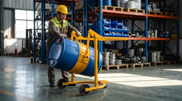A worker wearing a yellow hard hat, yellow-green high-visibility safety vest, and gray coveralls pushes a yellow drum mover with a rotate function, transporting a large blue industrial drum. The drum is secured horizontally in the rotating cradle as the worker rolls the equipment across the concrete floor. The setting is an industrial warehouse or workshop with blue metal shelving containing parts bins, metal components, and pallets of materials in the background. Natural light enters through windows on the left, and the facility has tall orange and blue pallet racking and high ceilings.