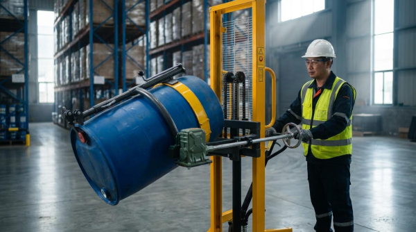 a-worker-is-using-hydraulic-drum-stacker-with-rotate-function