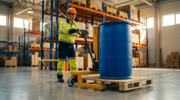 A worker wearing an orange hard hat, safety glasses, yellow-green high-visibility safety jacket with reflective stripes, and dark navy work pants operates a yellow manual drum truck. The machine is positioned under a wooden pallet holding a large blue industrial drum. The worker grips the handle to maneuver the equipment across the polished gray concrete floor. The setting is a spacious warehouse with tall blue and orange metal pallet racking stocked with cardboard boxes in the background. Natural light enters through large windows, and the facility has high ceilings with an open floor layout.