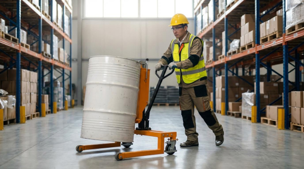 A worker wearing a yellow hard hat, safety glasses, yellow-green high-visibility safety vest, and khaki work clothes pushes an orange manual drum truck carrying a silver metal drum. He grips the handle while maneuvering the equipment across the polished gray concrete floor of a large warehouse. Tall metal pallet racking with blue uprights and orange beams stocked with cardboard boxes and palletized goods lines both sides of the wide aisle. Natural light streams in through windows near the ceiling, and the industrial facility features high ceilings with ample storage space.