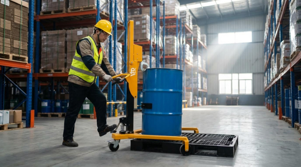 A worker wearing a yellow hard hat, yellow-green high-visibility safety vest, gray long-sleeve shirt, and dark work pants operates a yellow pedal drum palletizer. The machine holds a large blue industrial drum positioned on a black spill containment pallet. The worker grips the handle while maneuvering the equipment across the concrete floor of a spacious warehouse. Tall blue and orange metal pallet racking stocked with boxes, drums, and palletized goods lines both sides of the facility. Natural light streams through large windows on the right, illuminating the industrial space with high ceilings.