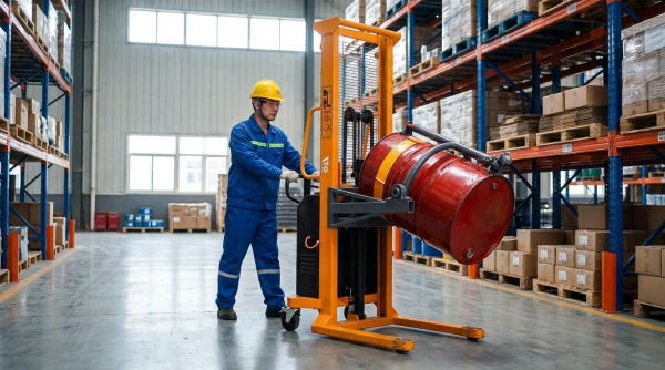 A worker wearing a yellow hard hat and blue coveralls with reflective stripes operates an orange pneumatic drum stacker with lifting and rotating functions. The machine holds a red industrial drum horizontally using its rotating clamp mechanism. The worker stands beside the equipment, guiding it across the smooth concrete floor of a spacious warehouse. Tall blue and orange metal pallet racking stocked with shrink-wrapped pallets, cardboard boxes, and various inventory extends in the background. The industrial facility features high gray walls, large windows, and ample open floor space.