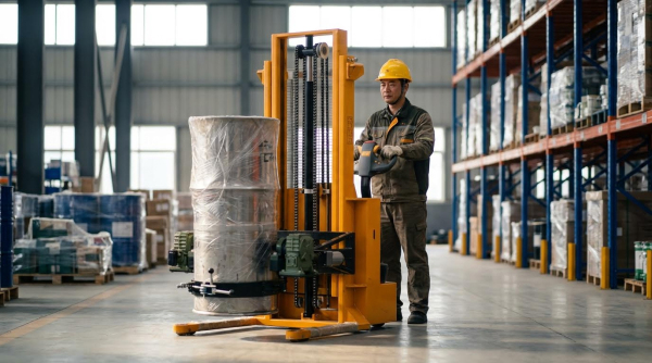 A worker wearing a yellow hard hat and gray coveralls stands beside a yellow self-propelled drum lifting equipment with stacker and rotator functions. The machine grips a large shrink-wrapped silver industrial roll or drum using its clamp mechanism. The worker crosses his arms while standing next to the equipment on the polished gray concrete floor of a large warehouse. Tall blue metal pallet racking stocked with wrapped pallets, boxes, and containers extends in the background. The industrial facility features high gray walls, natural light streaming through large windows, and a spacious open floor layout.