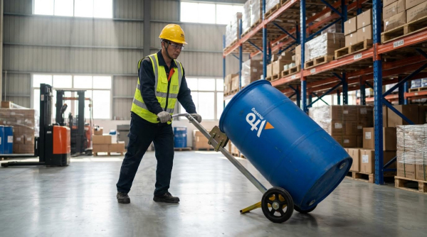 A worker wearing a yellow hard hat, yellow-green high-visibility safety vest, dark navy work jacket, and work gloves tilts and rolls a large blue plastic drum with a company logo using a simple drum transporter with a silver frame and yellow base. He pulls the hand truck across the smooth gray concrete floor of a warehouse. In the background, tall orange and blue metal pallet racking stocked with wrapped pallets and boxes is visible, along with an orange reach truck and large windows allowing natural light into the spacious industrial facility.