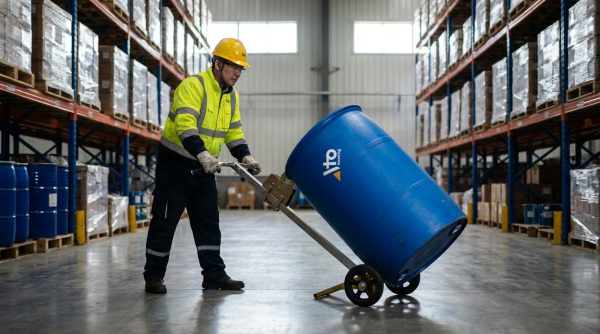 A worker wearing a yellow hard hat, yellow-green high-visibility safety jacket, dark navy work pants, and work gloves pushes a large blue plastic drum with a company logo using a simple drum transporter. He tilts the hand truck forward while moving the drum down the center aisle of a warehouse. Tall metal pallet racking filled with shrink-wrapped pallets and additional blue drums stretches along both sides of the wide aisle. The industrial facility has high ceilings and a smooth concrete floor, with inventory stacked high on the shelving throughout the storage area.