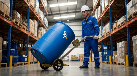 A worker wearing a white hard hat, blue coveralls, and work gloves transports a large blue plastic drum with a company logo using a simple drum transporter with a yellow base. He tilts the hand truck back while pulling the drum down the center aisle of a large warehouse. Tall blue and orange metal pallet racking stocked with cardboard boxes and palletized goods lines both sides of the wide aisle. The industrial facility features high ceilings with metal roofing, bright overhead lighting, and polished gray concrete floors.