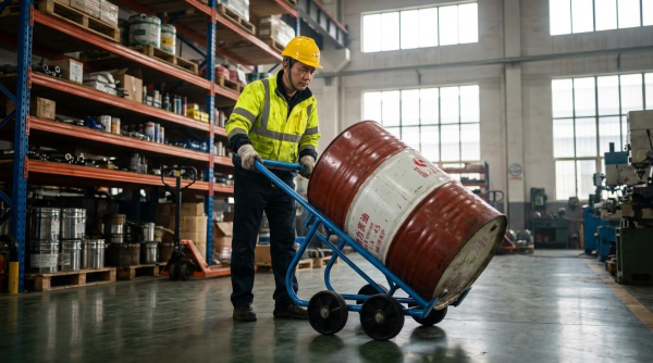 A worker wearing a yellow hard hat, yellow-green high-visibility safety jacket, and work gloves pushes a blue small and light drum handler transporting a large red industrial drum with labels. He tilts the hand truck while rolling it across the concrete floor of an industrial workshop. Metal shelving stocked with containers, parts, and supplies lines the left side, while green machinery equipment is visible on the right. Natural light enters through large windows in the background, illuminating the industrial facility with high ceilings and a working production environment.