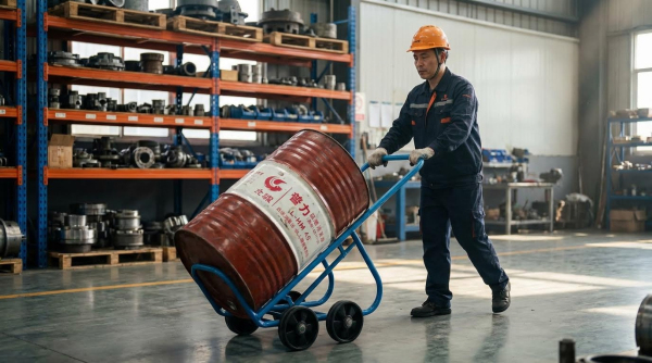 A worker wearing an orange hard hat and dark blue coveralls with orange accents pushes a blue small and light drum handler transporting a red and white industrial drum with Chinese labels. He tilts the hand truck back while rolling it across the gray concrete floor of an industrial workshop. Metal shelving with orange beams holding machinery parts, pumps, and mechanical components lines the left side. Additional equipment and machine parts are visible on the right. The facility has high gray walls and an industrial manufacturing environment.