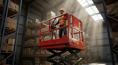 A warehouse worker wearing a yellow hard hat, orange high-visibility safety vest, and dark work clothes stands on a red scissor lift elevated between tall industrial shelving units stocked with cardboard boxes. Dramatic rays of natural light stream through skylights above, illuminating the dusty warehouse atmosphere.