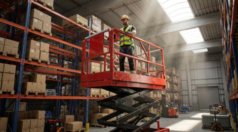 A worker wearing a yellow-green high-visibility safety vest and hard hat stands on an orange scissor lift with a teal-green scissor mechanism, raised to the height of upper warehouse shelving. The worker is positioned next to tall blue metal pallet racking stacked with large cardboard boxes on wooden pallets. The spacious industrial warehouse features high ceilings with skylights that allow natural light to stream through, creating visible rays in the slightly hazy atmosphere.