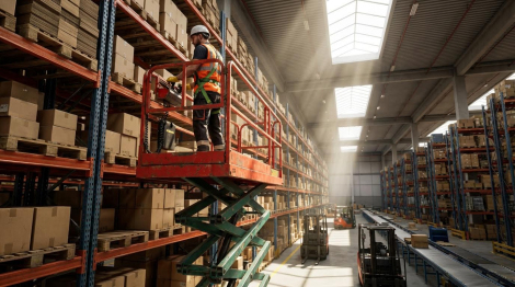 A worker in an orange high-visibility vest and white hard hat stands on an elevated red scissor lift with a green base, reaching toward items on tall warehouse shelving. The expansive industrial warehouse features rows of metal racking filled with boxes and inventory on both sides. Bright natural light pours through overhead skylights, casting dramatic sun rays through the hazy warehouse atmosphere.