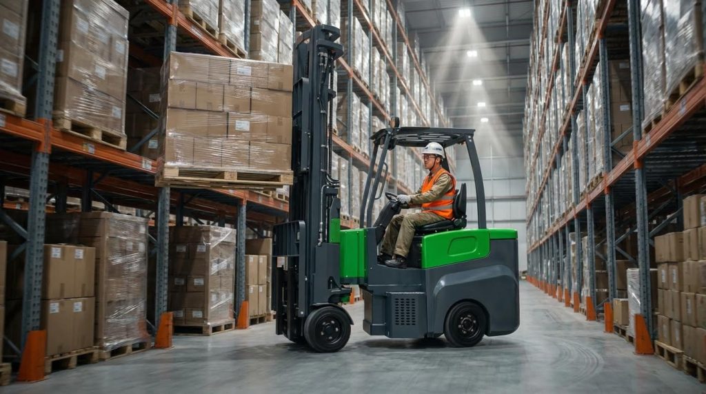 A skilled operator in a hard hat uses a green articulated forklift to precisely place a pallet of cardboard boxes onto a high-level rack. The scene perfectly demonstrates the machine's ability to work in a Very Narrow Aisle (VNA) warehouse environment.