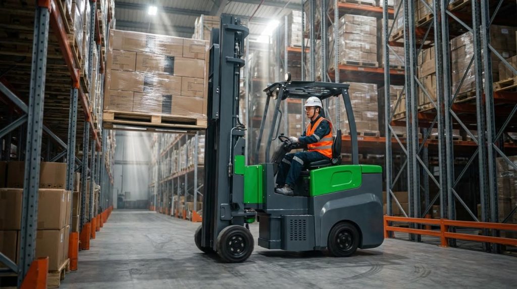 A focused operator in a white hard hat maneuvers a green articulated forklift, lifting a shrink-wrapped pallet into a high storage bay. Dramatic lighting highlights the dust particles, emphasizing the machine's active use in a dynamic, high-stacking warehouse operation.