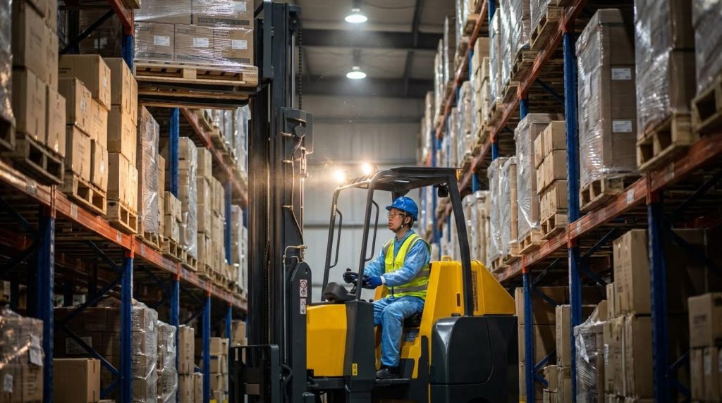 A low-angle shot captures a warehouse worker operating a yellow articulated forklift, lifting a pallet of goods towards the top of towering storage racks. The scene emphasizes the impressive vertical reach and stability of the machine in narrow aisle configurations.