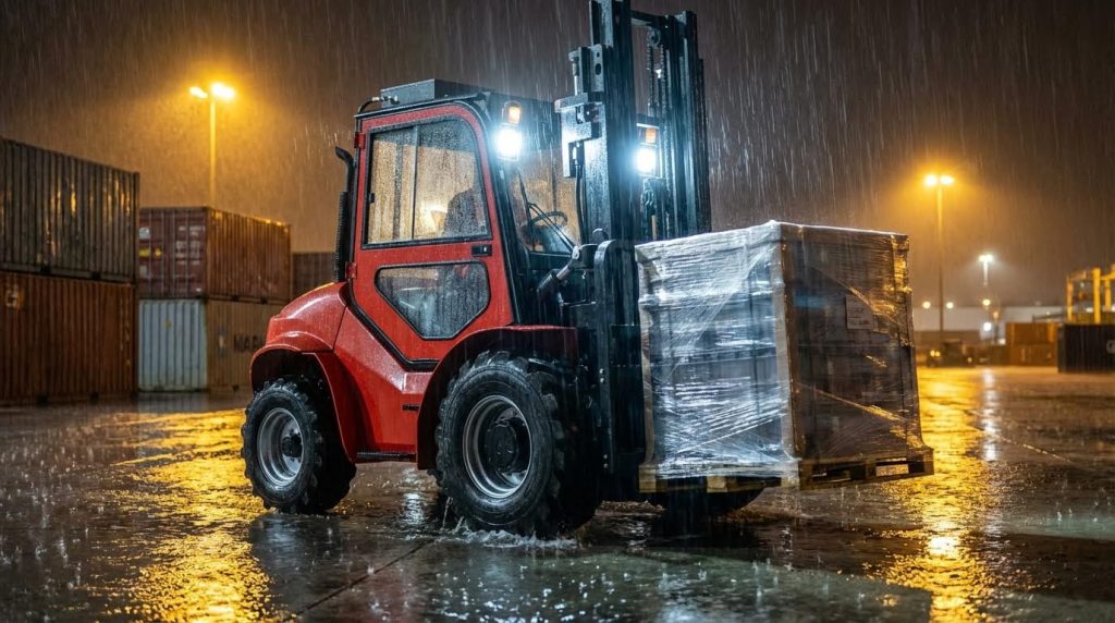 A powerful red diesel forklift with an enclosed cab operates efficiently in a heavy downpour at a shipping port during the night. Its bright headlights illuminate a large, shrink-wrapped pallet on its forks as it navigates the wet, reflective pavement between shipping containers.
