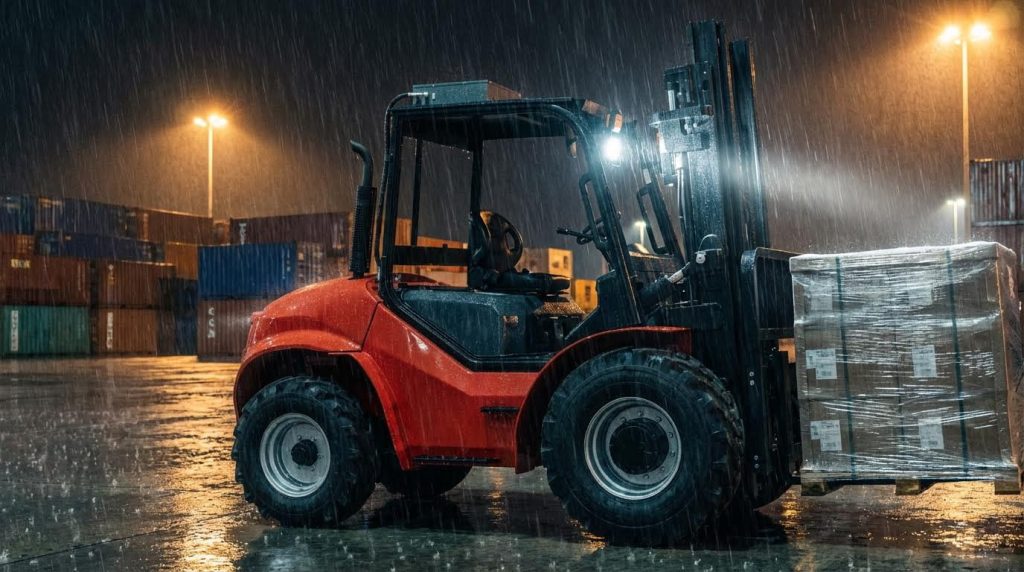 Demonstrating all-weather capability, a robust red diesel forklift works a night shift in a rain-soaked container yard. The machine's powerful work lights cut through the darkness, safely illuminating a palletized load and showcasing its reliability for continuous outdoor logistics operations regardless of conditions.