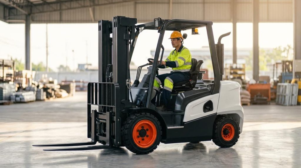 A professional female operator wearing a hard hat drives a modern white and black diesel forklift across a spacious, sunlit industrial facility. The machine features bright orange wheels, highlighting its contemporary design suitable for efficient outdoor and indoor material handling tasks.