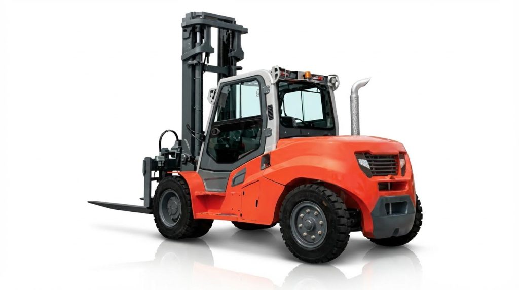 A high-quality studio photograph of a robust, bright orange diesel forklift, isolated on a clean white background. This image showcases its fully enclosed operator cab, large rugged tires, and a prominent exhaust, emphasizing its heavy-duty outdoor application design.