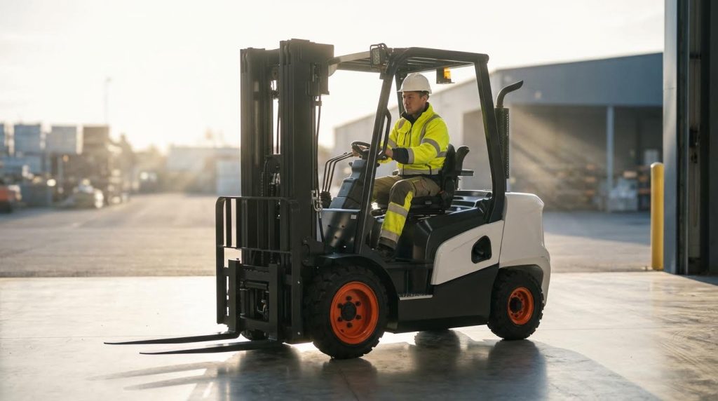 A male operator in full safety gear confidently drives a white and black diesel forklift with striking orange wheels at a loading dock. The bright, sunny outdoor setting highlights the vehicle's suitability for yard management and logistics operations.