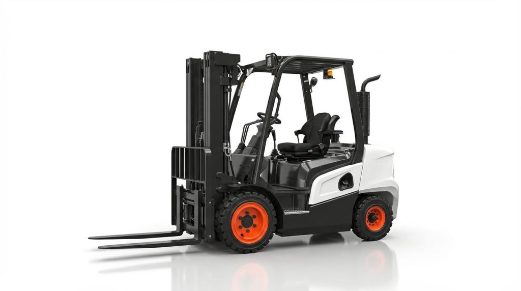 A modern white and black diesel forklift with vibrant orange wheels is showcased on a pristine white background. This professional studio shot provides a clear, detailed view of the machine's sleek design, sturdy mast, and ergonomic operator's area.