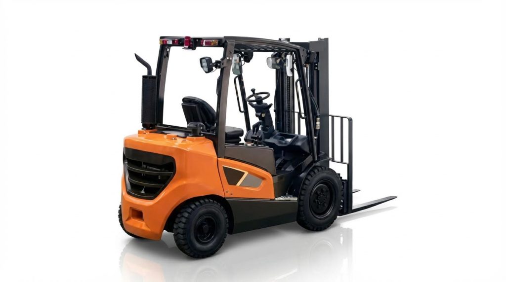 A compact and stylish orange diesel forklift is presented on a clean white background. This studio image emphasizes its modern aesthetics and efficient design, making it an attractive and powerful solution for various material handling needs in a commercial setting.