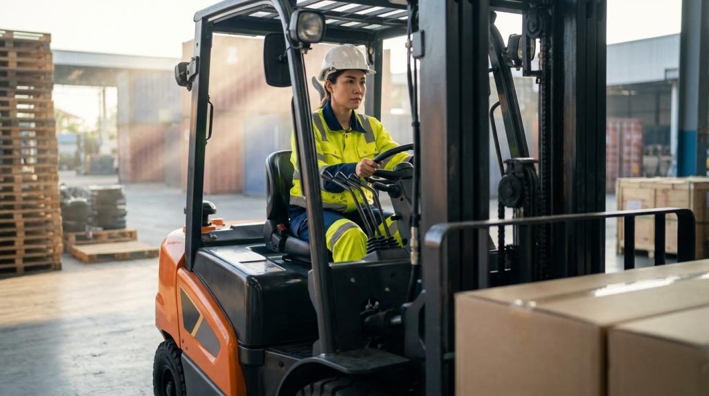 A female operator in a white hard hat and safety vest carefully drives an orange diesel forklift inside a warehouse, approaching a pallet of cardboard boxes. The scene focuses on the precision and control required for indoor logistics and inventory movement.