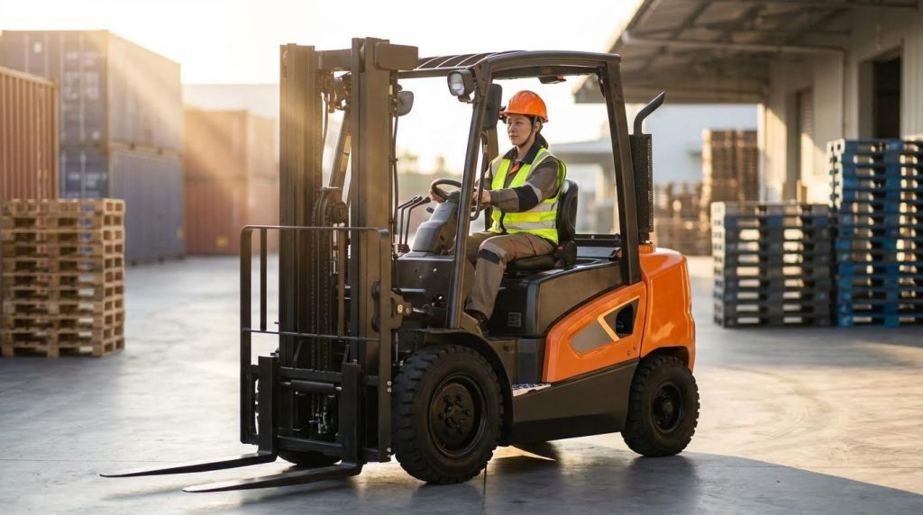 An operator drives an orange diesel forklift out of a warehouse loading bay during sunrise or sunset, creating a dramatic, sun-drenched scene. The image captures the dynamic nature of logistics and the reliability of the diesel forklift in daily operations.