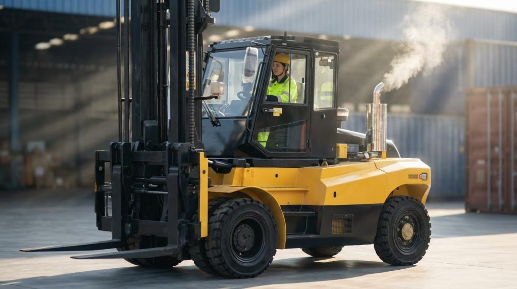 In a sunlit industrial yard, a powerful yellow diesel forklift emits a plume of white exhaust while being operated by a driver in full safety gear. Seated within the enclosed cabin next to a shipping container, the scene highlights the machine's heavy-duty capabilities for outdoor logistics.