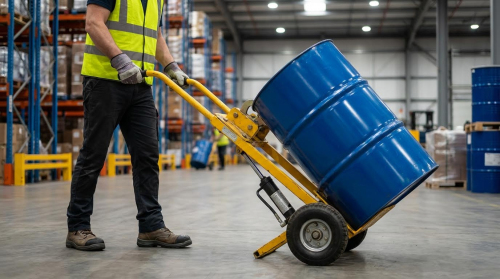 A warehouse worker wearing a yellow high-visibility safety vest, dark pants, work gloves, and safety boots transports a blue industrial drum using a yellow drum trolley. The worker is shown from the waist down, tilting the hand truck to roll the heavy barrel across the smooth gray concrete floor. The setting is a large industrial warehouse with tall metal shelving and additional blue drums visible in the background. The space is well-lit with high ceilings and expansive storage areas.
