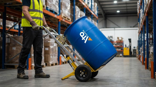 A warehouse worker wearing a yellow high-visibility safety vest and dark clothing transports a large blue industrial drum using a yellow drum trolley with black wheels. The worker, shown from the chest down, tilts the hand truck to roll the barrel across the warehouse floor. The blue drum features a company logo Atomoving. The setting is an industrial warehouse with tall orange and blue metal pallet racking filled with wrapped pallets and boxes. A forklift is visible in the background, and the space is well-lit with overhead lighting.