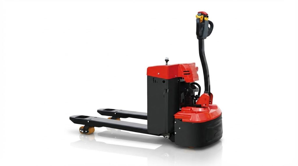 A professional studio photograph of a modern red and black electric pallet jack, isolated on a white background. It features an ergonomic tiller arm with controls and sturdy forks, designed for efficient pedestrian-led pallet transportation in warehouses and retail environments.