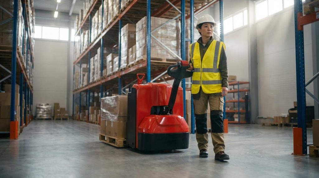 A female warehouse worker in a white hard hat and safety vest stands confidently beside a red electric pallet jack loaded with a shrink-wrapped pallet. The scene takes place in a well-lit warehouse aisle, showcasing the machine's use in daily logistics.