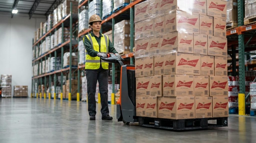 A female worker in a hard hat and safety vest pulls an orange electric pallet jack carrying an exceptionally tall and heavy pallet of branded cases. Her focused expression highlights the ease of moving substantial loads with powered equipment in a distribution center.