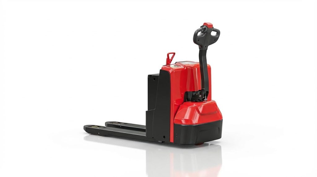 A three-quarter side view of a compact red and black electric pallet jack, displayed on a clean white background. This image highlights the machine's small footprint, the user-friendly tiller handle, and the robust power unit, ideal for maneuvering in tight spaces.
