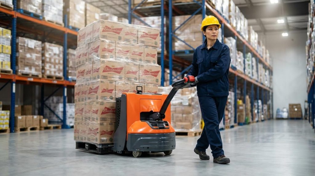A professional female operator in blue coveralls and a yellow hard hat expertly guides an orange electric pallet jack. It is transporting a heavy, multi-layered pallet of beer cases through a vast warehouse, demonstrating its power and maneuverability for beverage distribution.