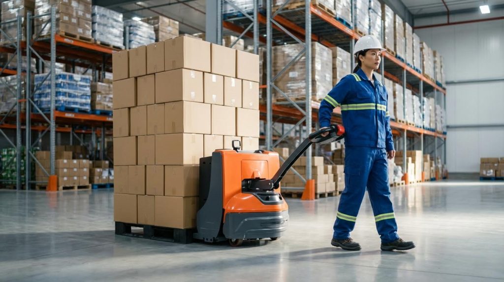 A female warehouse employee in blue coveralls and a white hard hat walks alongside an orange electric pallet jack, transporting a tall, neatly stacked pallet of cardboard boxes. The scene illustrates the efficient movement of goods from receiving to storage areas.