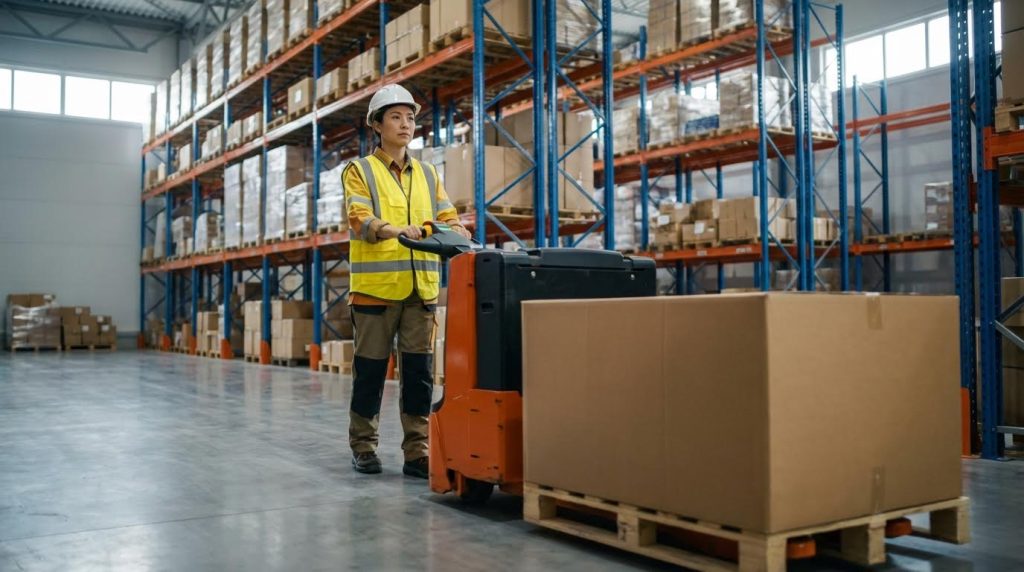 A female logistics professional in a hard hat and safety vest stands ready with an orange electric pallet jack carrying a large cardboard box on a pallet. This image highlights a pause in workflow within a well-stocked warehouse, ready for the next task.