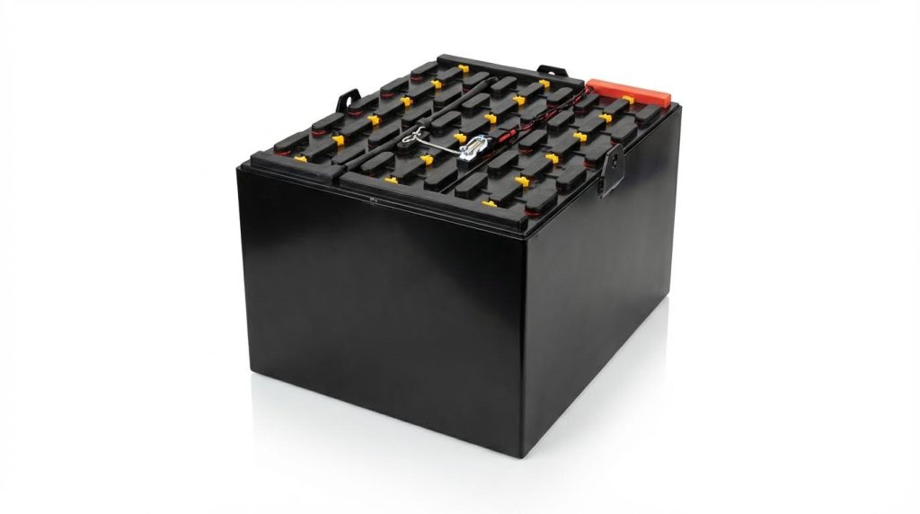 A professional studio shot of a powerful forklift battery, isolated on a white surface. This model features a compact, black casing housing numerous individual cells with yellow caps, all wired in series to deliver the high voltage required for electric material handling equipment.