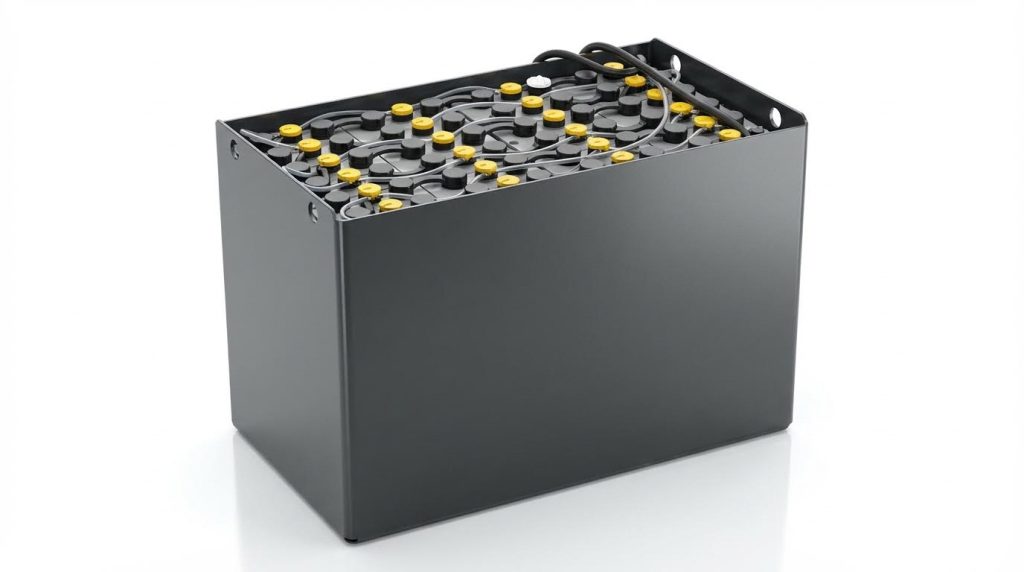 A tall, rectangular forklift battery is presented on a reflective white background. Its dark grey casing holds a dense array of cells with bright yellow caps, clearly showing the internal wiring configuration. This high-capacity power source is essential for extended electric forklift operation.