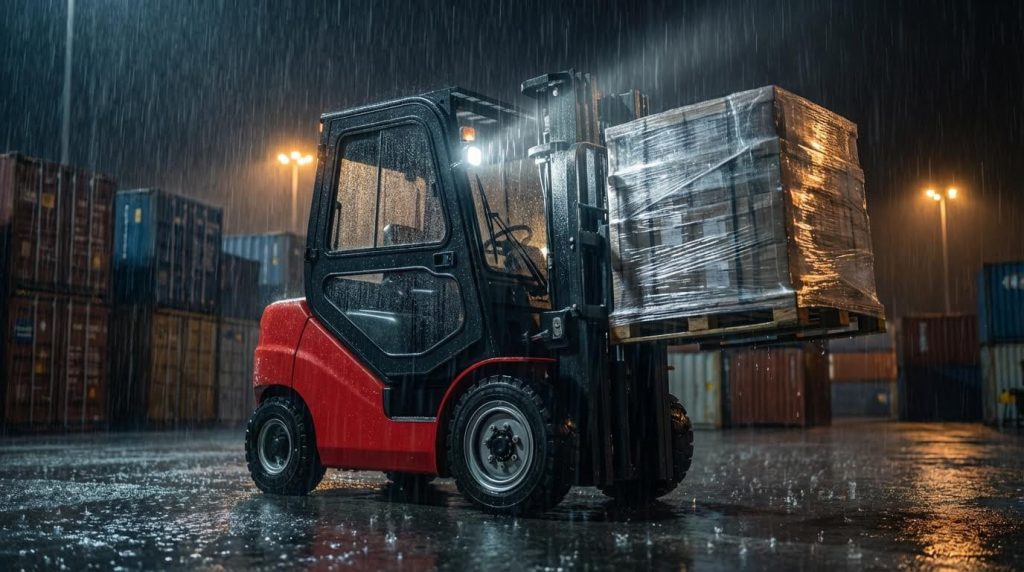 A powerful red forklift with an enclosed cab operates efficiently in a heavy downpour at a shipping port during the night. Its bright headlights illuminate a large, shrink-wrapped pallet on its forks as it navigates the wet, reflective pavement between shipping containers.