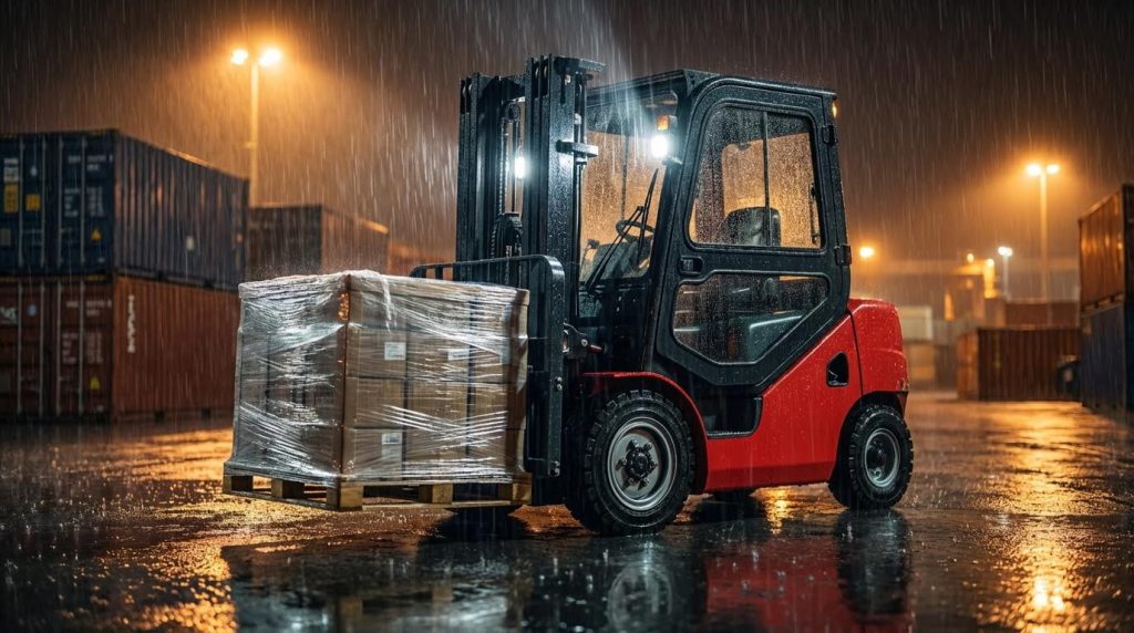 Demonstrating all-weather capability, a robust red forklift works a night shift in a rain-soaked container yard. The machine's powerful work lights cut through the darkness, safely illuminating a palletized load and showcasing its reliability for continuous outdoor logistics operations regardless of conditions.