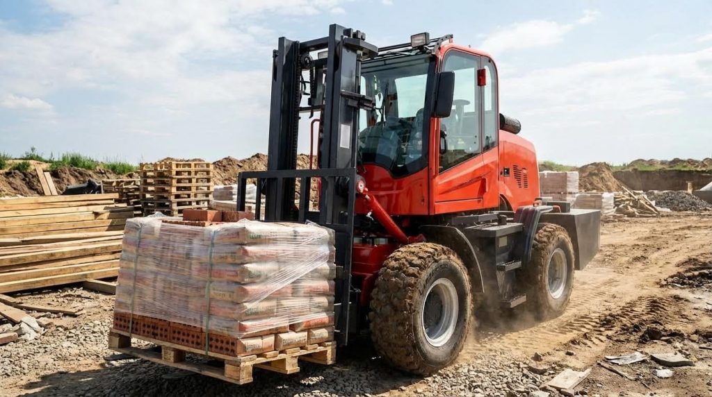 A powerful red forklift is shown in action at a sunny construction site, expertly transporting a heavy pallet loaded with shrink-wrapped bags of building materials. Its large, rugged tires navigate the uneven, dusty terrain with ease, demonstrating its essential role in moving supplies like cement or sand.