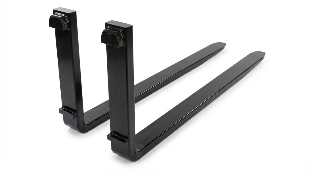 A pair of durable, black-painted standard forklift tines with an ITA hook-style mount, displayed on a clean white background. These heavy-duty steel tines are designed for general-purpose material handling and are compatible with most conventional forklift carriages for lifting pallets.