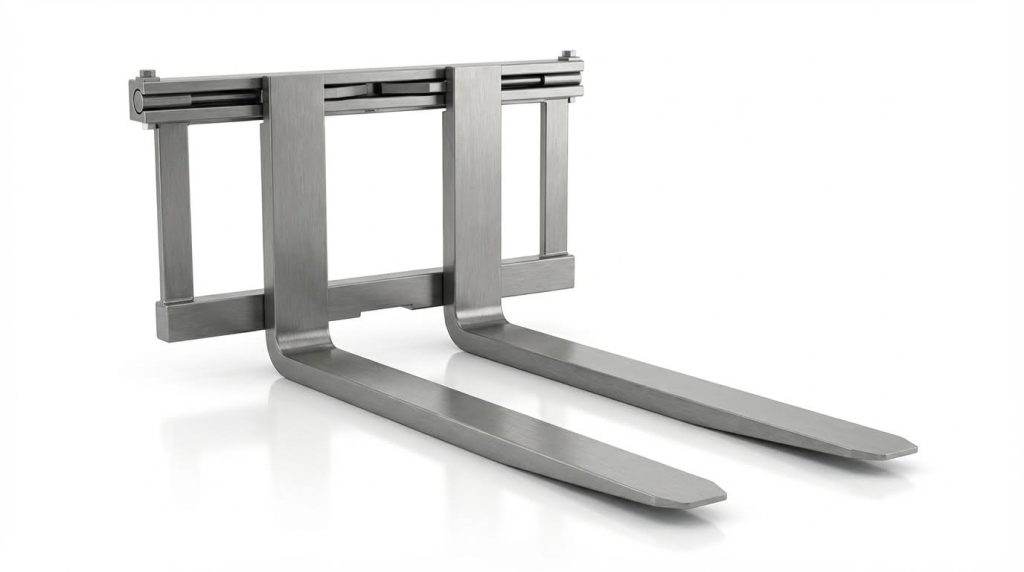 A set of polished steel forklift tines attached to a wide fork positioner carriage, isolated on a white background. This specialized attachment allows operators to hydraulically adjust the spread of the forks to efficiently handle pallets of various non-standard sizes.