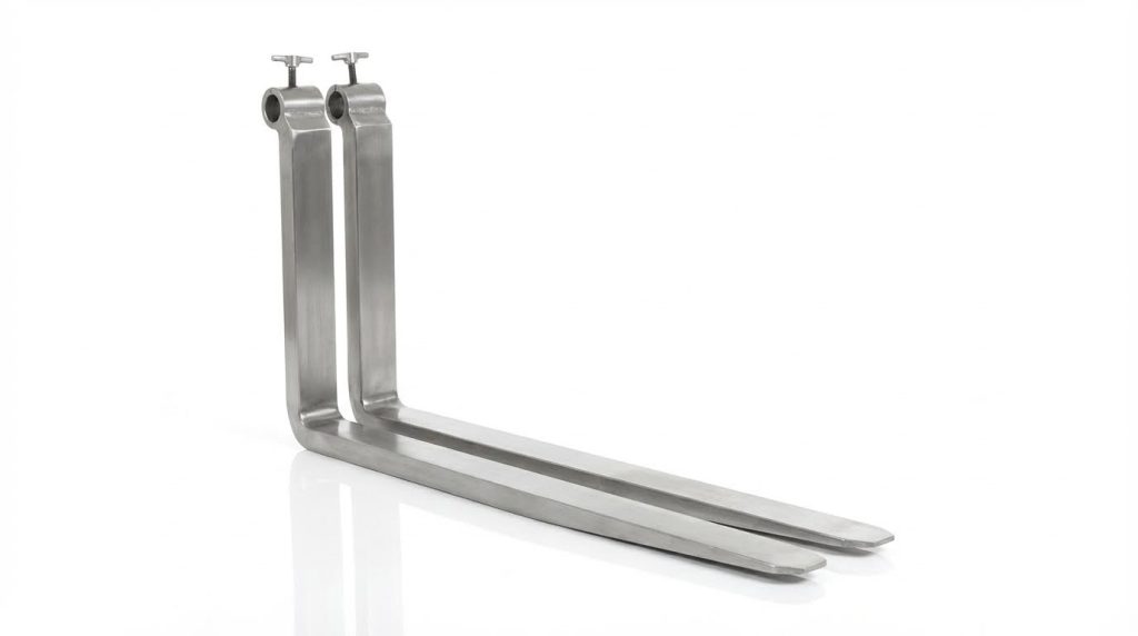 A close-up view of two high-grade, stainless steel pin-type forklift tines on a white background. The cylindrical mounting bars at the top are clearly visible, indicating their compatibility with specific telehandler or rough terrain forklift models requiring a shaft mount.